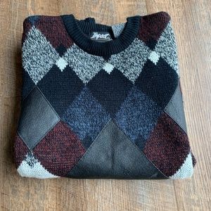 Vintage Impact Sweater Acrylic with Leather Trim Sz Large Black/Burgundy/White/B